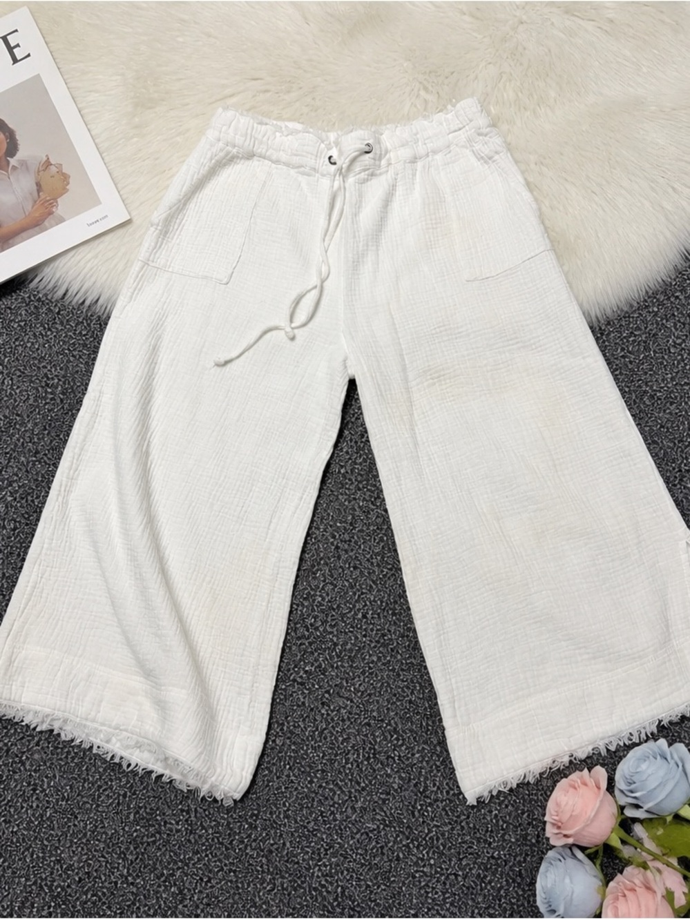 American Rage White Wide-Leg Drawstring Linen Pants